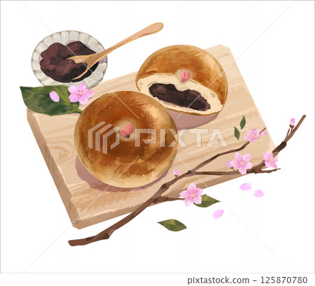 櫻花紅豆麵包放在木砧板上的插圖 125870780