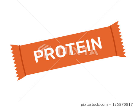 Closed energy protein bar in orange wrapper. Fitness snack with cereals and chocolate. Sport supplement. Healthy nutrition. Vector flat illustration isolated on white background Closed energy protein bar in orange wrapper. Fitness snack with cereals and chocolate. Sport supplement. Healthy nutrition. Vector flat illustration isolated on white background 125870817
