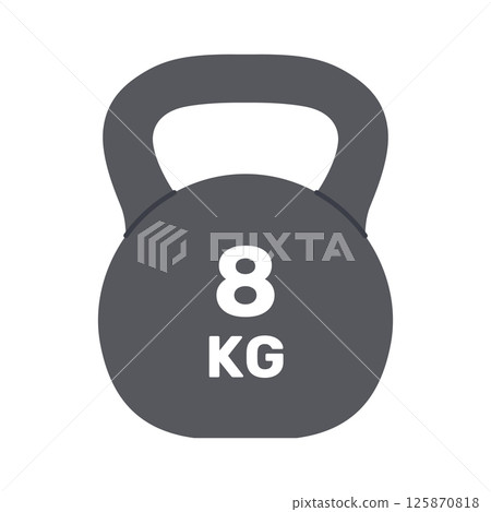 Kettlebell for fitness and sport. Athletic equipment for strength exercises, muscle training. Gym workout. Weight 8 kg. Healthy lifestyle. Vector flat illustration isolated on white background Kettlebell for fitness and sport. Athletic equipment for strength exercises, muscle training. Gym workout. Weight 8 kg. Healthy lifestyle. Vector flat illustration isolated on white background 125870818