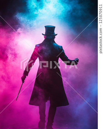 Magician silhouette in smoke and light. Mysterious man with hat and cane on stage. 125870911