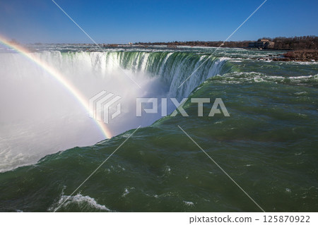 Water rushes over the cliff at Niagara Falls, a breathtaking waterfall located in Ontario, Canada. A vivid rainbow arch across the mist, enhancing the natural beauty of this iconic landscape. Water rushes over the cliff at Niagara Falls, a breathtaking waterfall located in Ontario, Canada. A vivid rainbow arch across the mist, enhancing the natural beauty of this iconic landscape. 125870922