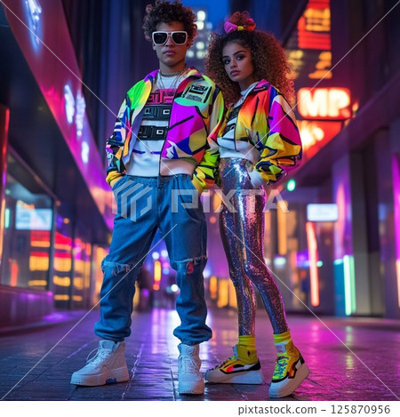Retro 80s Fashion Couple with Neon Lights 125870956