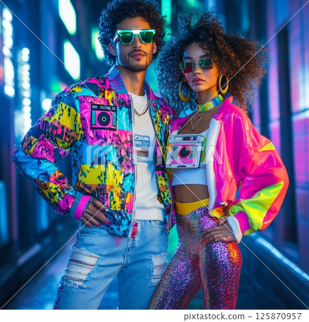 Retro 80s Fashion Couple with Neon Lights 125870957