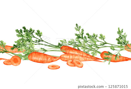 Watercolor seamless border of orange carrots. Hand-drawn pattern. 125871015
