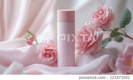 Soft pink color skincare products, with pink roses in the foreground. 125871082
