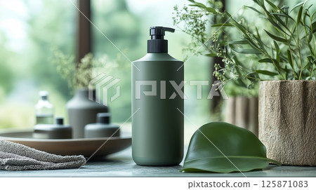 The minimalist design of the shampoo bottle with a large plant leaf. The minimalist design of the shampoo bottle with a large plant leaf. 125871083