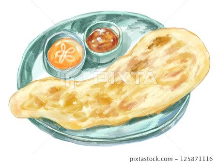 美味新鮮出爐的烤餅和咖哩的水彩插圖 125871116