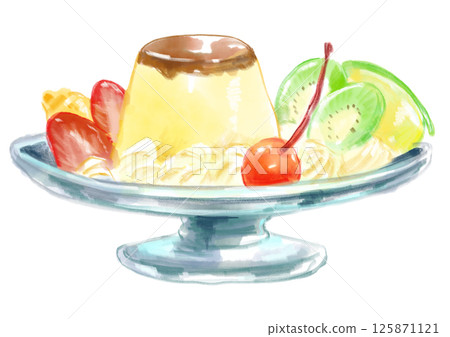 Hand-drawn watercolor illustration of a delicious looking coffee shop pudding a la mode Hand-drawn watercolor illustration of a delicious looking coffee shop pudding a la mode 125871121