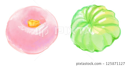 A hand-drawn watercolor illustration of a delicious-looking Japanese confectionery called Nerikiri A hand-drawn watercolor illustration of a delicious-looking Japanese confectionery called Nerikiri 125871127