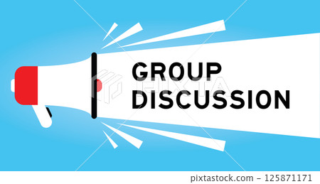 Color megaphone icon with word group discussion in white banner on blue background Color megaphone icon with word group discussion in white banner on blue background 125871171