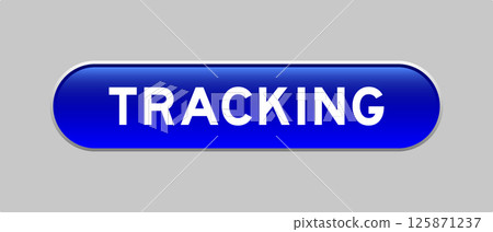 Blue color capsule shape button with word tracking on gray background 125871237
