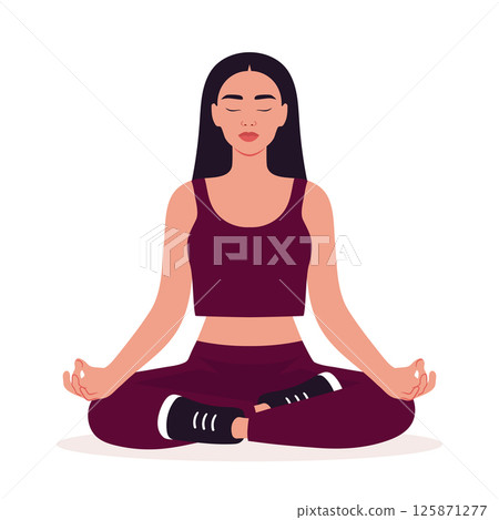 Asian woman is sitting in lotus pose. Meditating girl isolated on white background. Girl doing yoga. Vector illustration 125871277