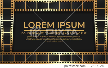 Shiny golden filmstrip frame on black background. Movie film ribbon frame template design. Vector illustration 125871289