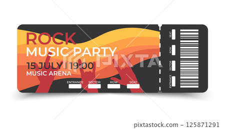 Rock music party ticket template design. Music event coupon. Vector illustration 125871291