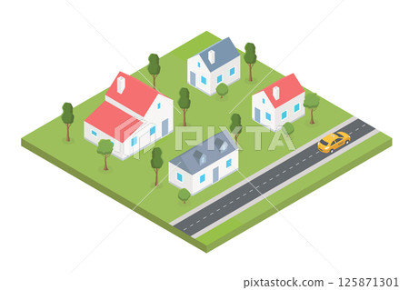Country village district isometric illustration of a rural area with many buildings and houses, streets, trees and vehicles Country village district isometric illustration of a rural area with many buildings and houses, streets, trees and vehicles 125871301