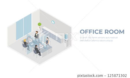 Office room isometric illustration. Office workers on workplace. People in office interior. Office room isometric illustration. Office workers on workplace. People in office interior. 125871302