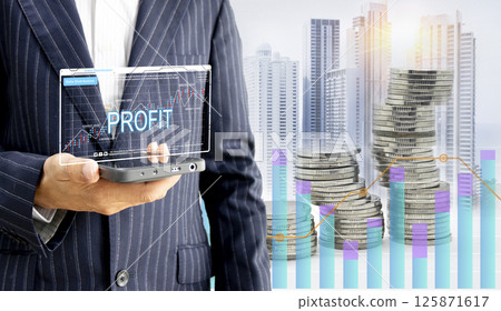 Profit growth, increase profit, increase profit or business growth concept. Businessman checking progress with word profit on graph line background. 125871617