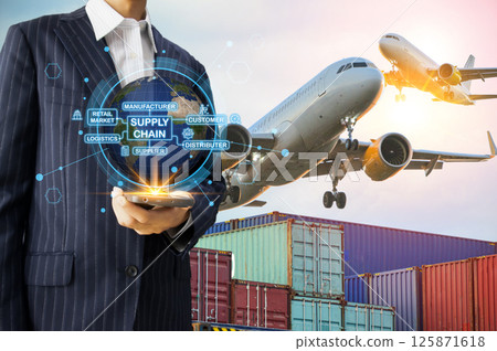 World with distribution network in background. Logistics and transportation concept in foreground. Logistics industry container for fast or immediate delivery concept. Air freight. Global online 125871618