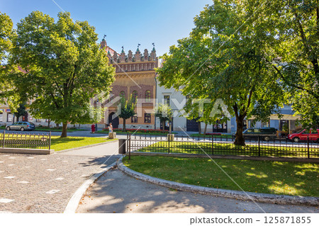 levoca, presov, slovakia - 28 aug, 2016: historic center of old fortified town. ancient cityscape with park. popular travel destination. presov region levoca, presov, slovakia - 28 aug, 2016: historic center of old fortified town. ancient cityscape with park. popular travel destination. presov region 125871855