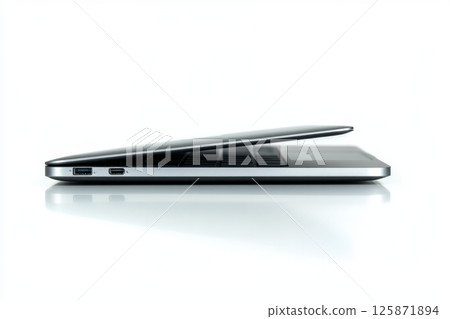 Laptop lies open on a reflective surface, highlighting its sleek design and modern features 125871894