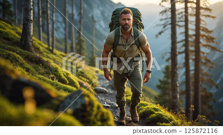 Adventurous hiker exploring mountain trail at sunrise 125872116