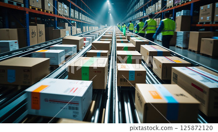 Cardboard boxes moving on conveyor belt in distribution warehouse 125872120