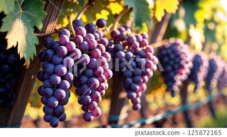 Ripe red grapes hanging in vineyard during sunset golden hour 125872165