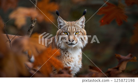 Majestic lynx surrounded by autumn leaves in the forest. 125872198