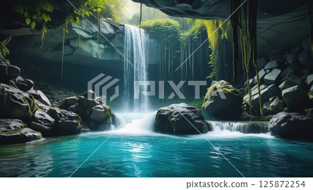 hidden waterfall deep inside a lush jungle cave hidden waterfall deep inside a lush jungle cave 125872254