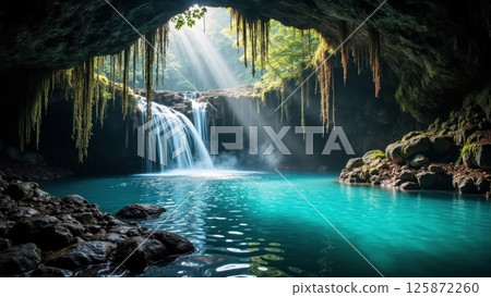 hidden waterfall deep inside a lush jungle cave 125872260