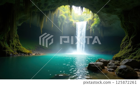 hidden waterfall deep inside a lush jungle cave 125872261