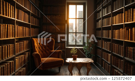 Warm sunlight illuminating cozy reading nook in a classic library 125872407