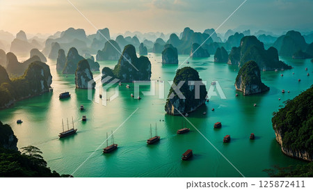 Tourist junks sailing in the emerald waters of ha long bay, vietnam 125872411