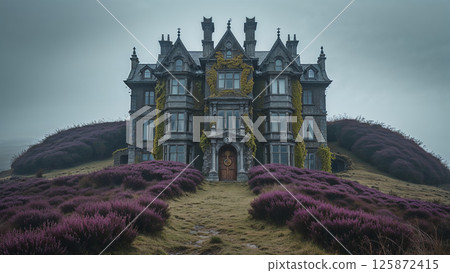 Majestic gothic mansion surrounded by lavender fields 125872415