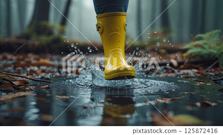 Yellow rubber boots splashing in a puddle in the forest 125872416