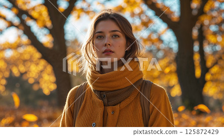 Female hiker enjoying a walk through colorful autumn foliage 125872429