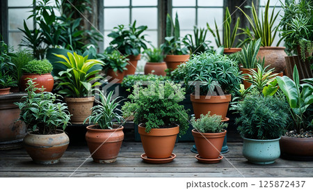 Lush indoor garden with diverse potted plants 125872437