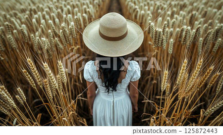 Woman wearing white dress and straw hat walking through golden wheat field 125872443