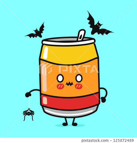 A cartoon Soda Can with a Halloween theme featuring bats and a spider for a fun, holiday celebration. 125872489