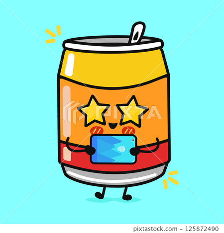 Adorable Soda Can character with star eyes holding a tablet, a fun and cute design. 125872490