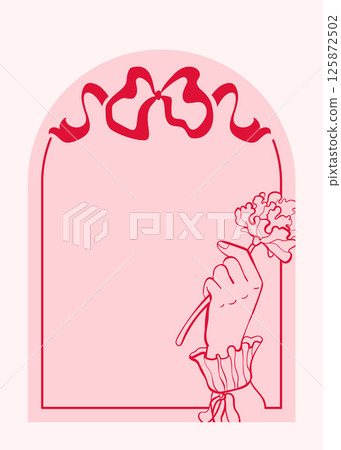 Birthday frame with hand that holds rose, in vintage clothes. Bows ribbon on pink arch background. Coquette aesthetic outline style. Postcard for invitation, party. Vector doodle illustration. Birthday frame with hand that holds rose, in vintage clothes. Bows ribbon on pink arch background. Coquette aesthetic outline style. Postcard for invitation, party. Vector doodle illustration. 125872502