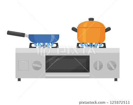 Illustration of a gas stove seen from the side while cooking Illustration of a gas stove seen from the side while cooking 125872511