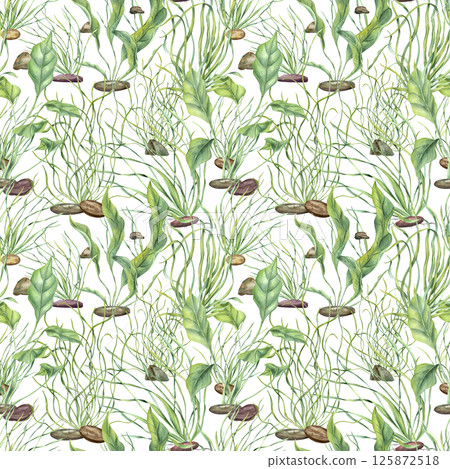 Watercolor lush green water plants swaying in underwater currents seamless pattern isolated background. Water floating kelps illustration. Aquarium ornate for marine biodiversity decor, textile 125872518
