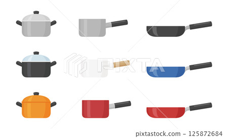 Illustration material of a two-handled pot, a one-handled pot and a frying pan Illustration material of a two-handled pot, a one-handled pot and a frying pan 125872684