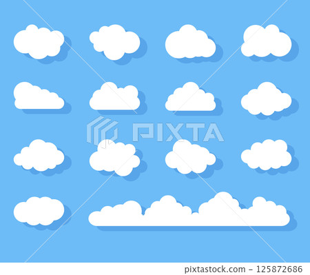Flat Vector Cloud Icon Pack Minimal white cartoon cloud with shadow on blue background 125872686