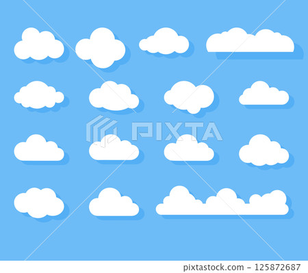 Flat Vector Cloud Icon Collection Minimal white cloud shapes with shadow on blue background 125872687