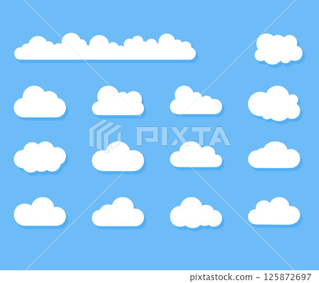 Flat Vector Cloud Set Minimal white cartoon shape with shadow on blue sky background 125872697