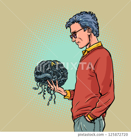 A man's reflection on the creation of intelligence. A man holds the brain of artificial intelligence in his hands. The creator and his creation. A man's reflection on the creation of intelligence. A man holds the brain of artificial intelligence in his hands. The creator and his creation. 125872720