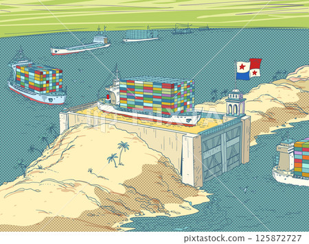 The Panama Canal transports ships. International maritime trade. Container ships sail in the ocean. The Panama Canal transports ships. International maritime trade. Container ships sail in the ocean. 125872727