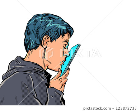 Man kissing phone screen. Finding relationships on dating app. Love with artificial intelligence. 125872733